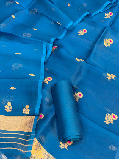 Pure Handloom Kora silk suit set in sapphire blue  colour