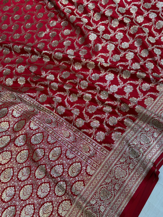 Banarasi Mashru silk saree in Blood red colour with all over Swarovski work