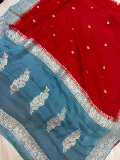 Beautiful Pure khaddi chiffon saree in beautiful contrast colour
