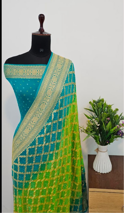 Contrast Pure Georgette Bandhani Zari Banarasi Border Saree