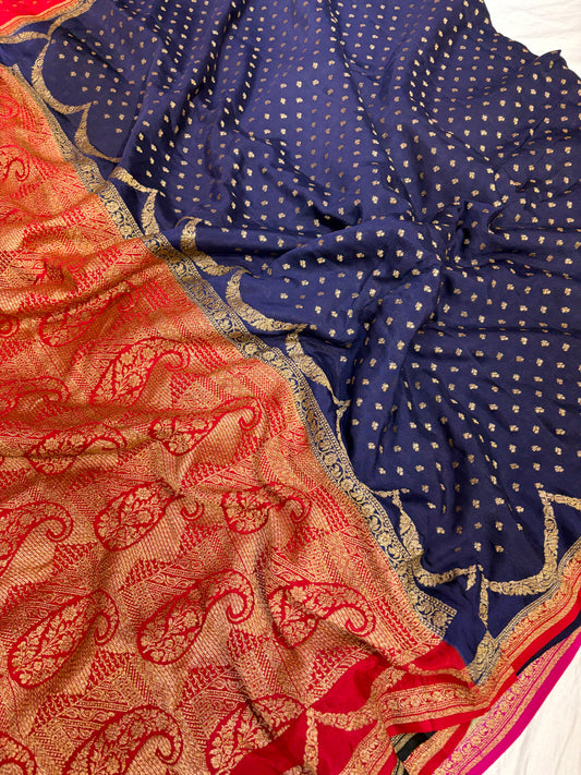 Pure khaddi crepe silk saree in navy blue with red colour combination