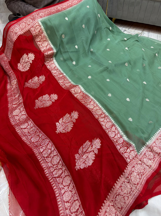 Beautiful Pure khaddi chiffon saree in beautiful contrast colour