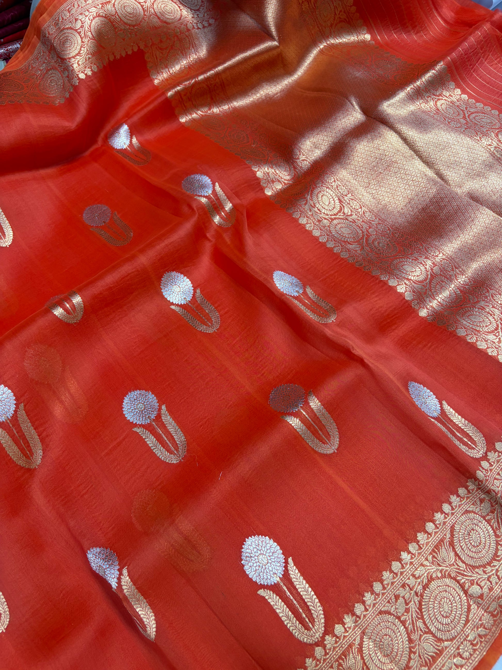 Pure handloom organza silk saree in orange colour
