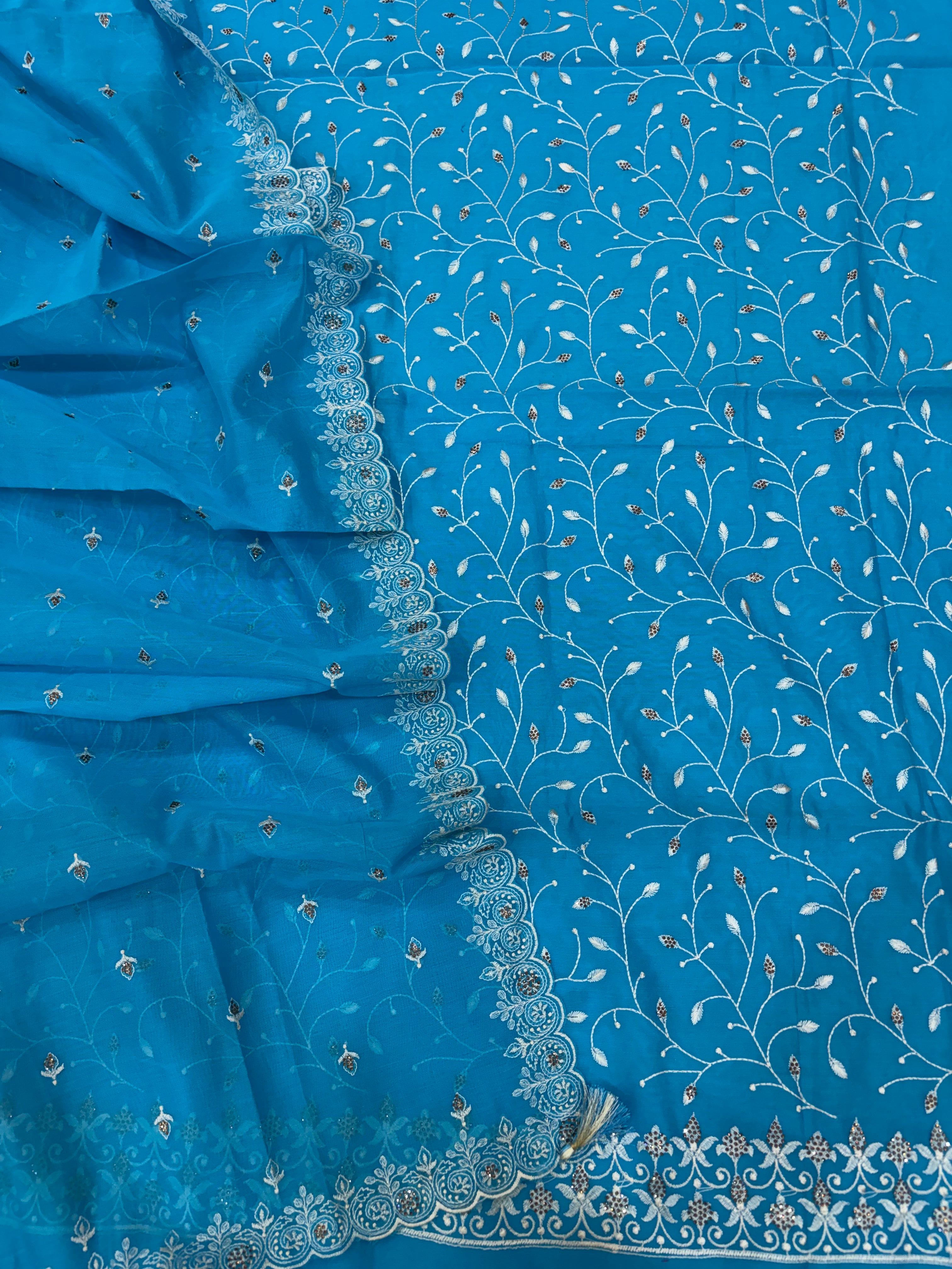 Banarasi sapphire blue soft silk suit with all over embroidery work