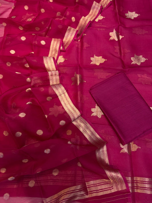Pure Handloom Kora silk suit set in dark Rani colour