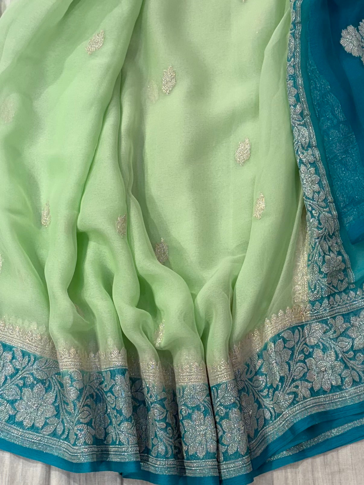 Pure khaddi chiffon saree in dark light sea green colour