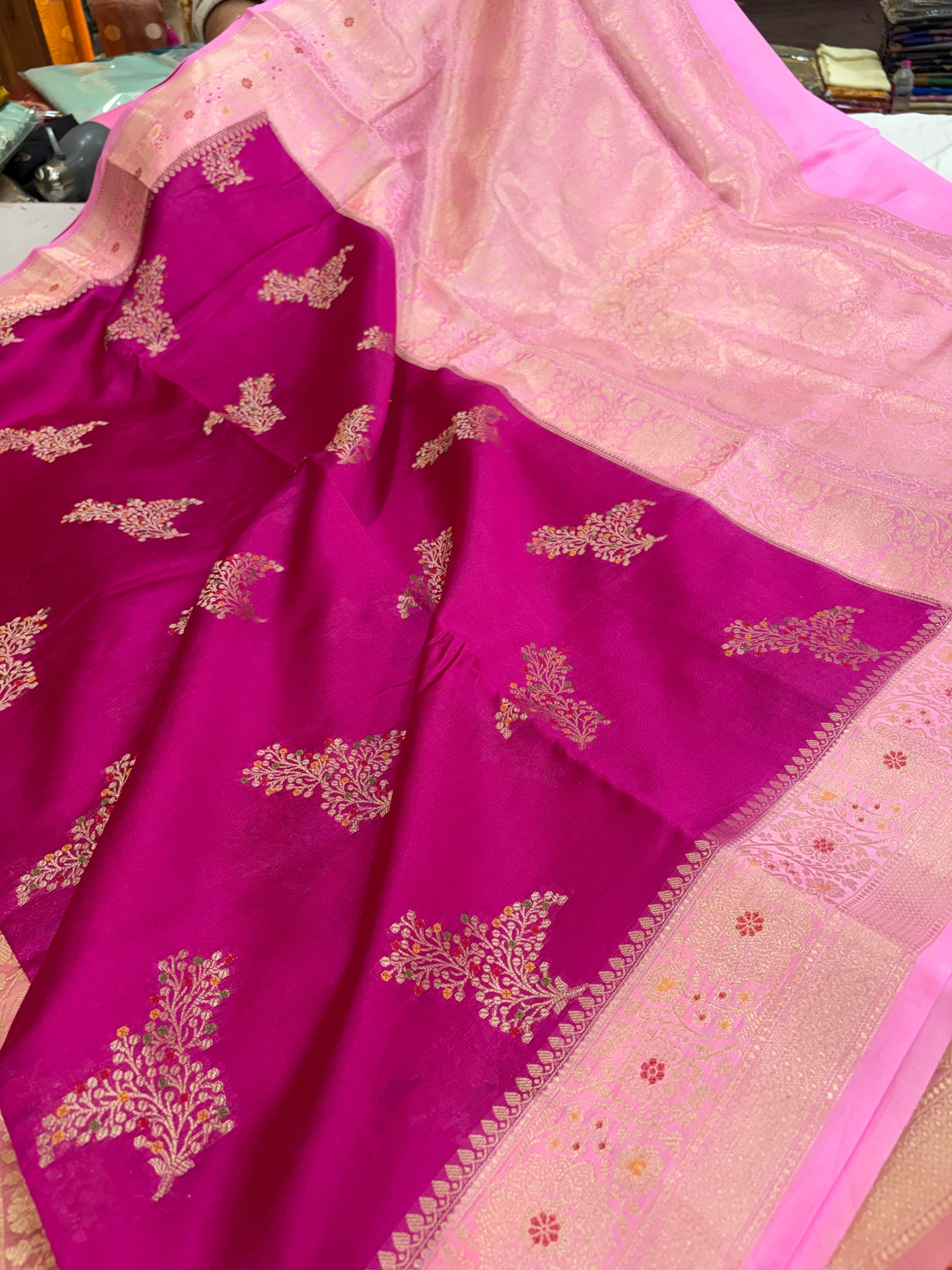 Pure raw mango saree in Rani with baby pink colour combination