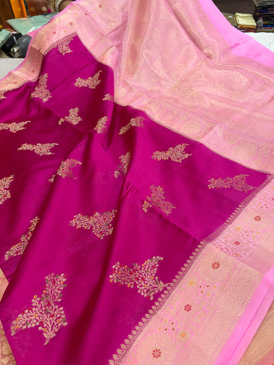 Pure raw mango saree in Rani with baby pink colour combination