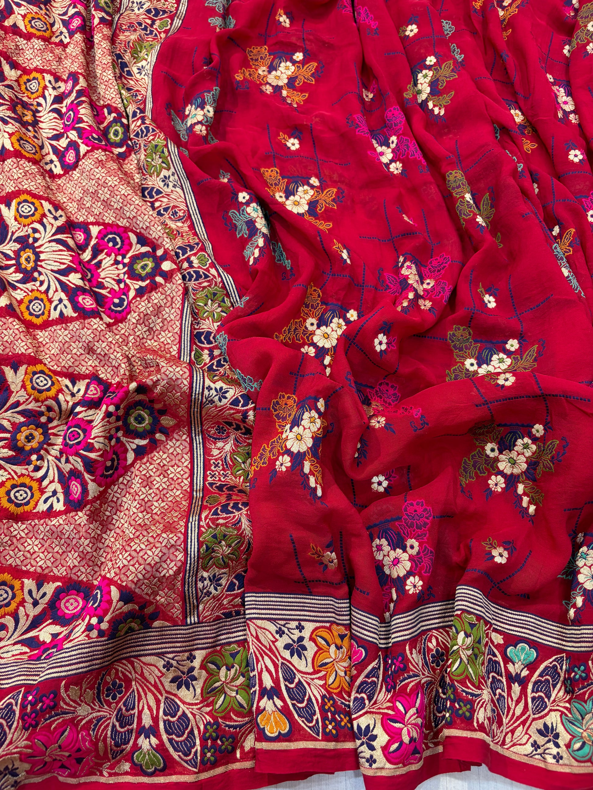 Premium Pure georgette silk sarees all over Multi Meenakari work with pure water zari wokr