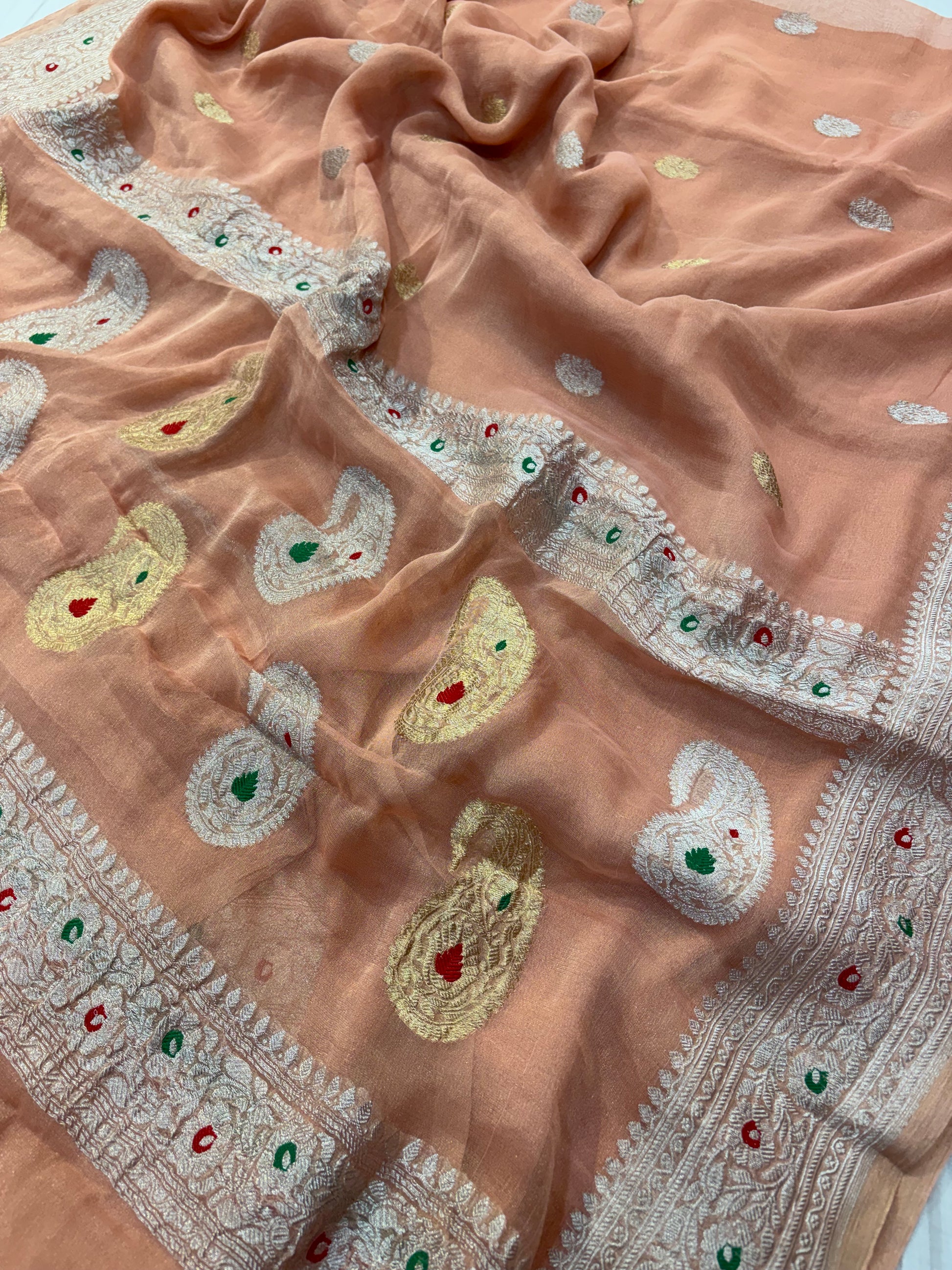 PURE KHADDI TISSUE SILK SAREE IN PEACH COLOUR