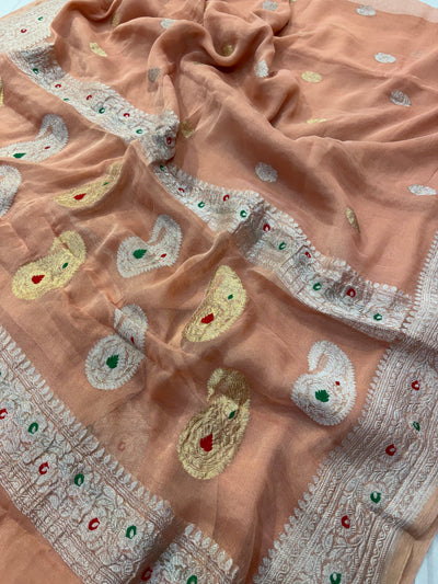 PURE KHADDI TISSUE SILK SAREE IN PEACH COLOUR