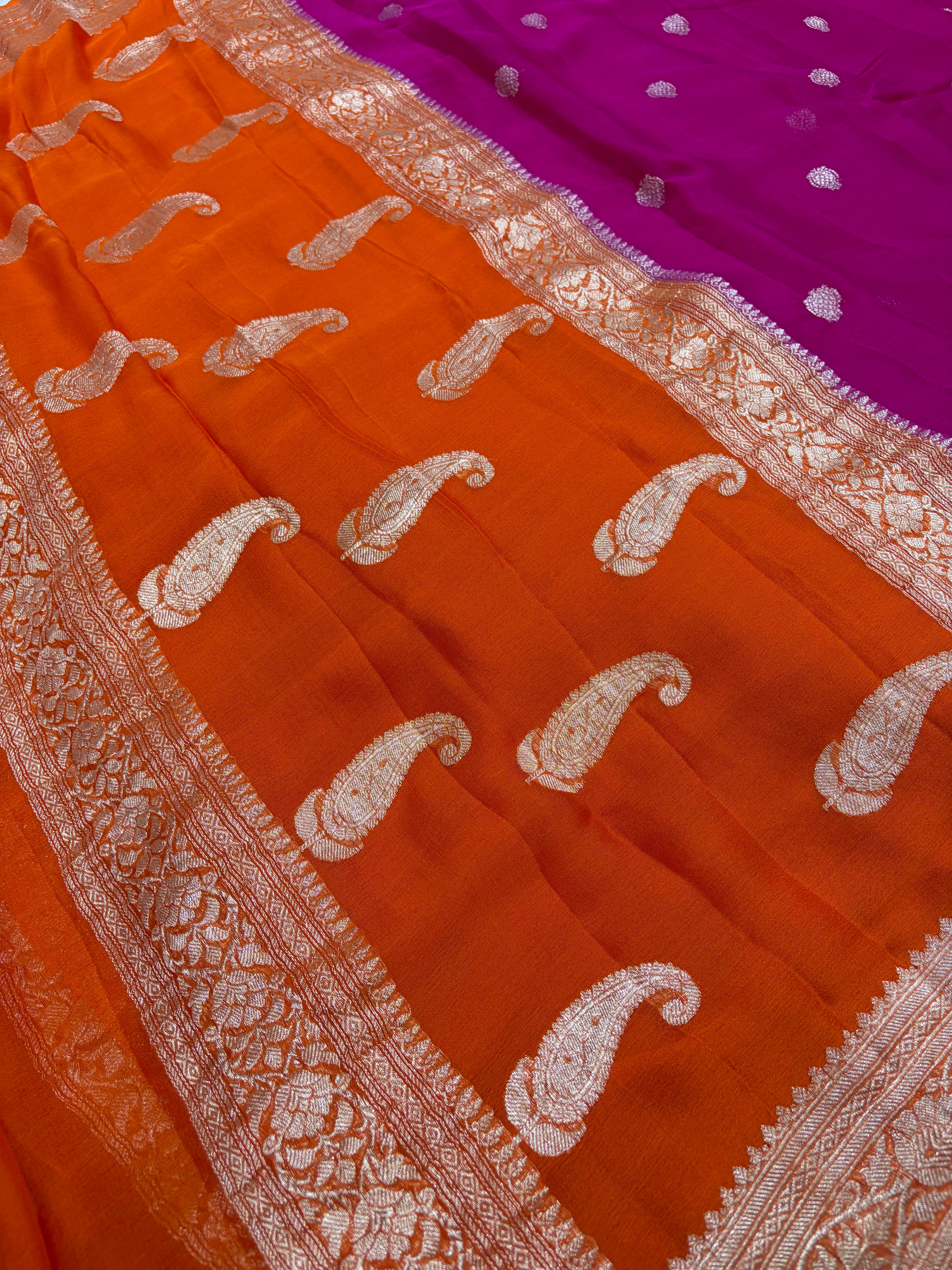 Pure khaddi chiffon saree is rani & orange colour