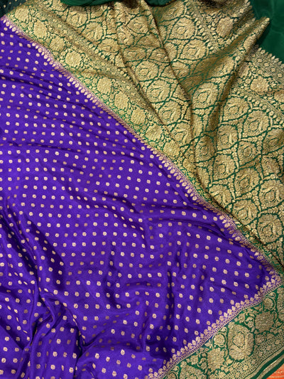 Pure khaddi crepe silk saree in purple with bottle green colour