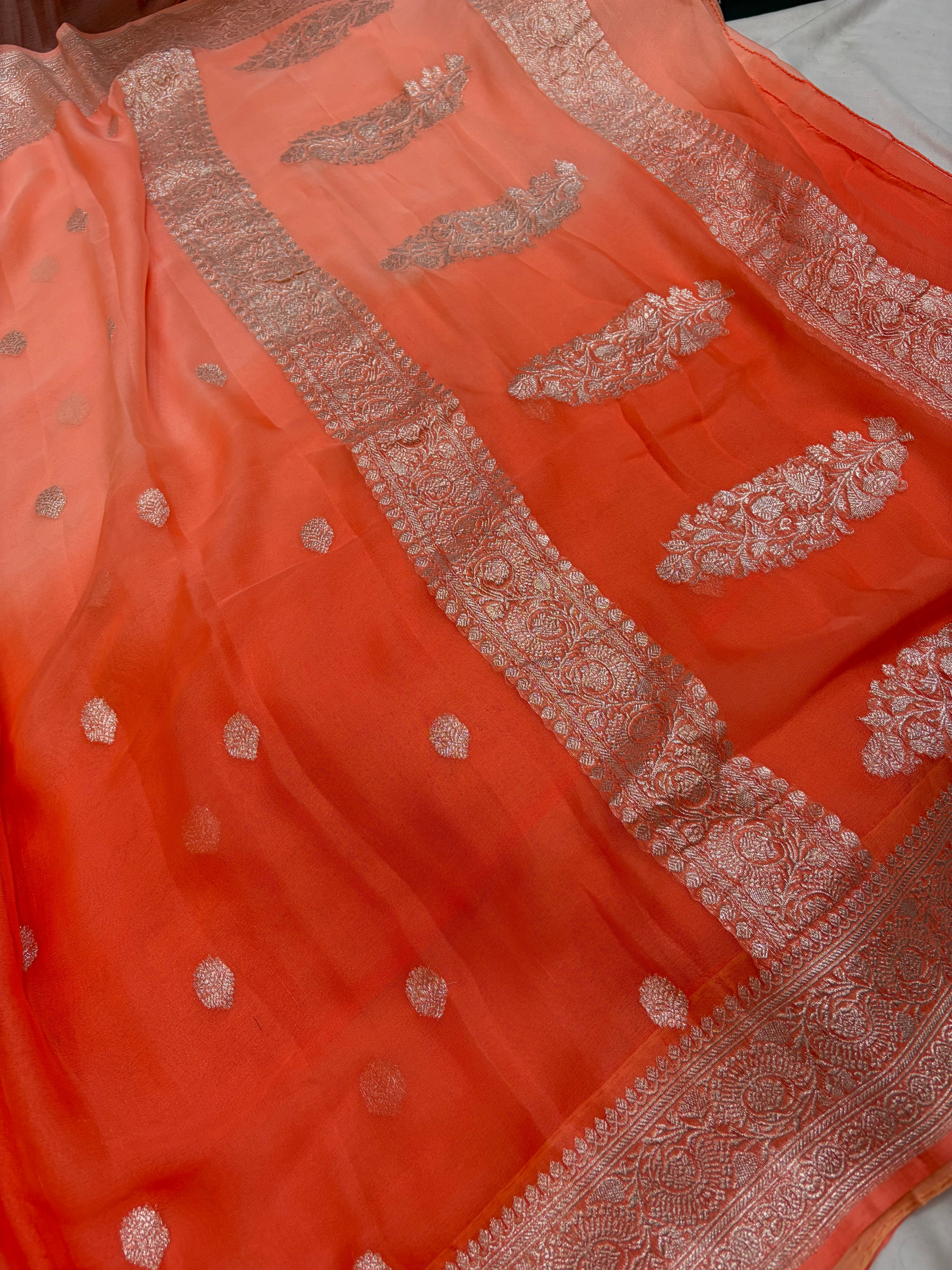 Pure khaddi chiffon saree in half half colour shade