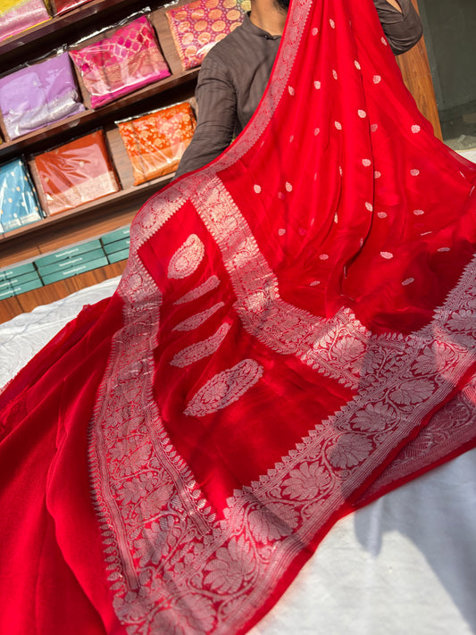 Pure khaddi chiffon saree in red colour