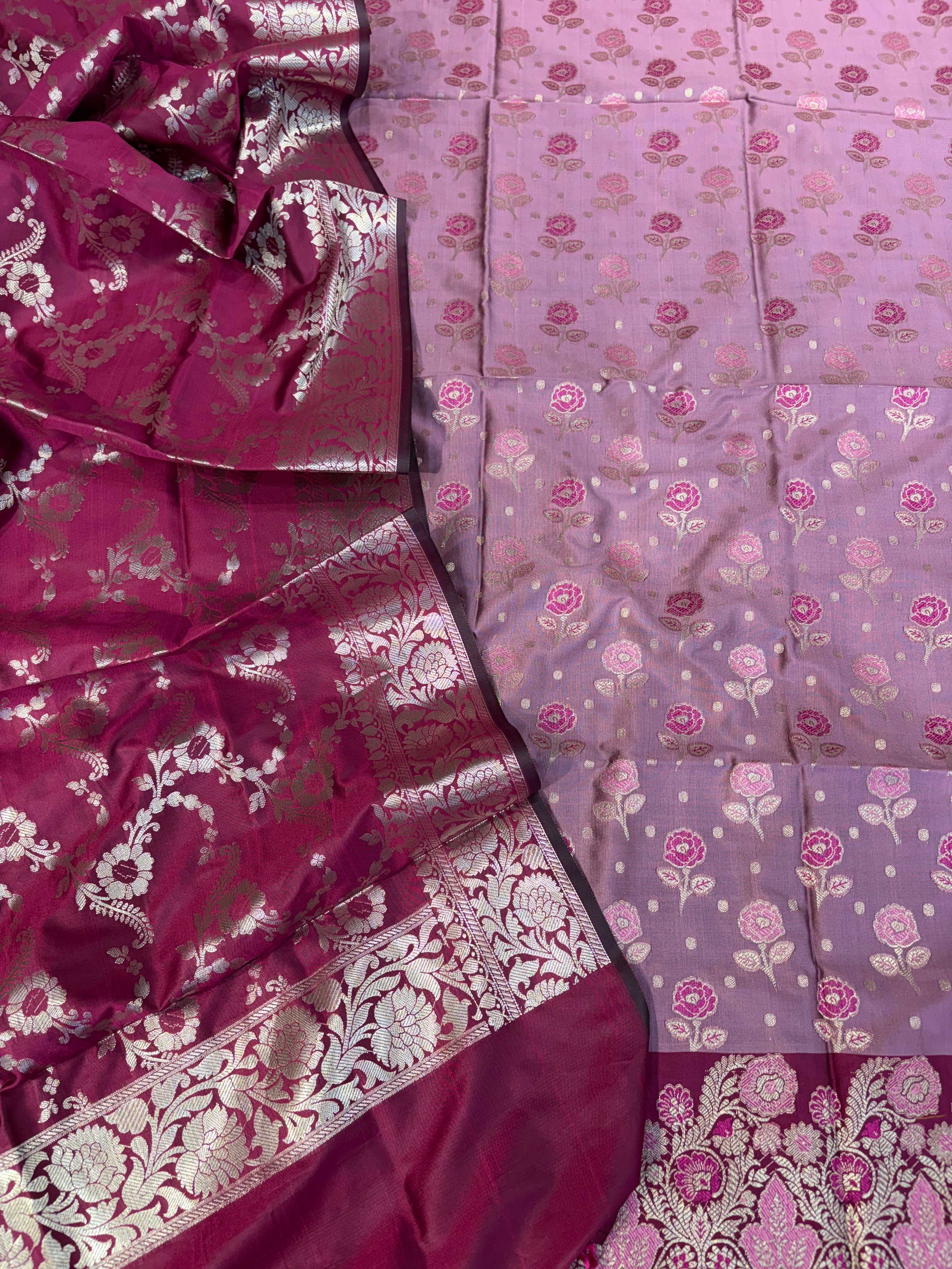 Banarasi soft silk suit in light dark pink colour