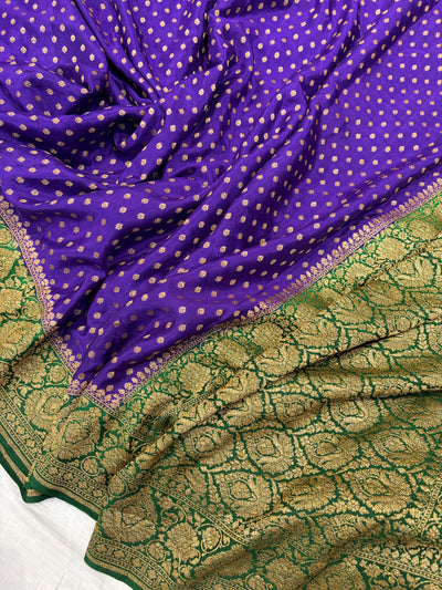 Pure khaddi crepe silk saree in purple with bottle green colour