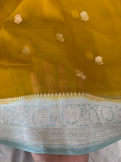 Pure khaddi chiffon saree gold yellow with sea green colour