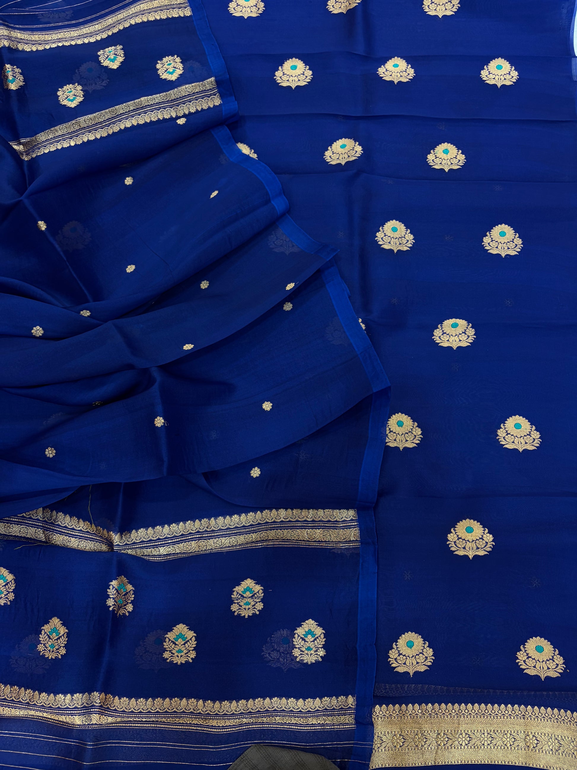 Pure Handloom Kora silk suit set in light Navy blue colour with meenakari work