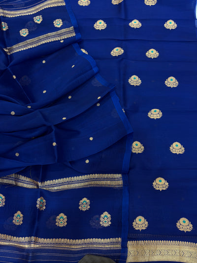 Pure Handloom Kora silk suit set in light Navy blue colour with meenakari work