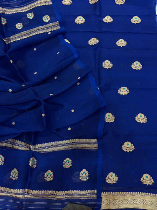 Pure Handloom Kora silk suit set in light Navy blue colour with meenakari work