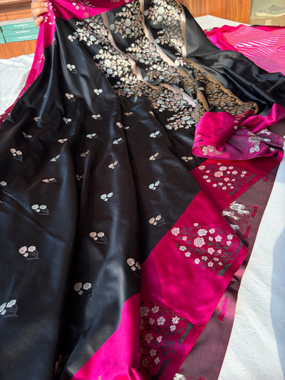 Banarasi Mashru silk saree in black with pink border