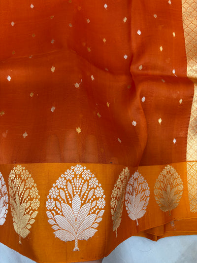 Pure handloom organza silk saree in dark Rust orange colour