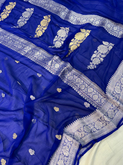 Pure handwoven khaddi chiffon saree royal blue colour
