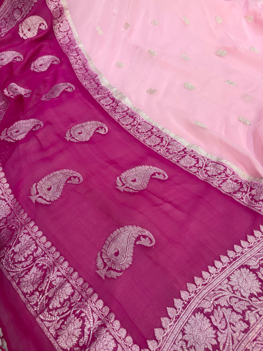 Pure khaddi chiffon saree in baby pink with Rani colour with tussles