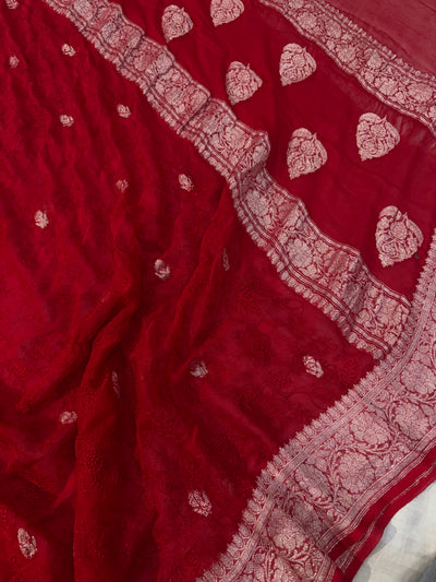 Pure khaddi chiffon saree in red colohr with all over chickenkari work