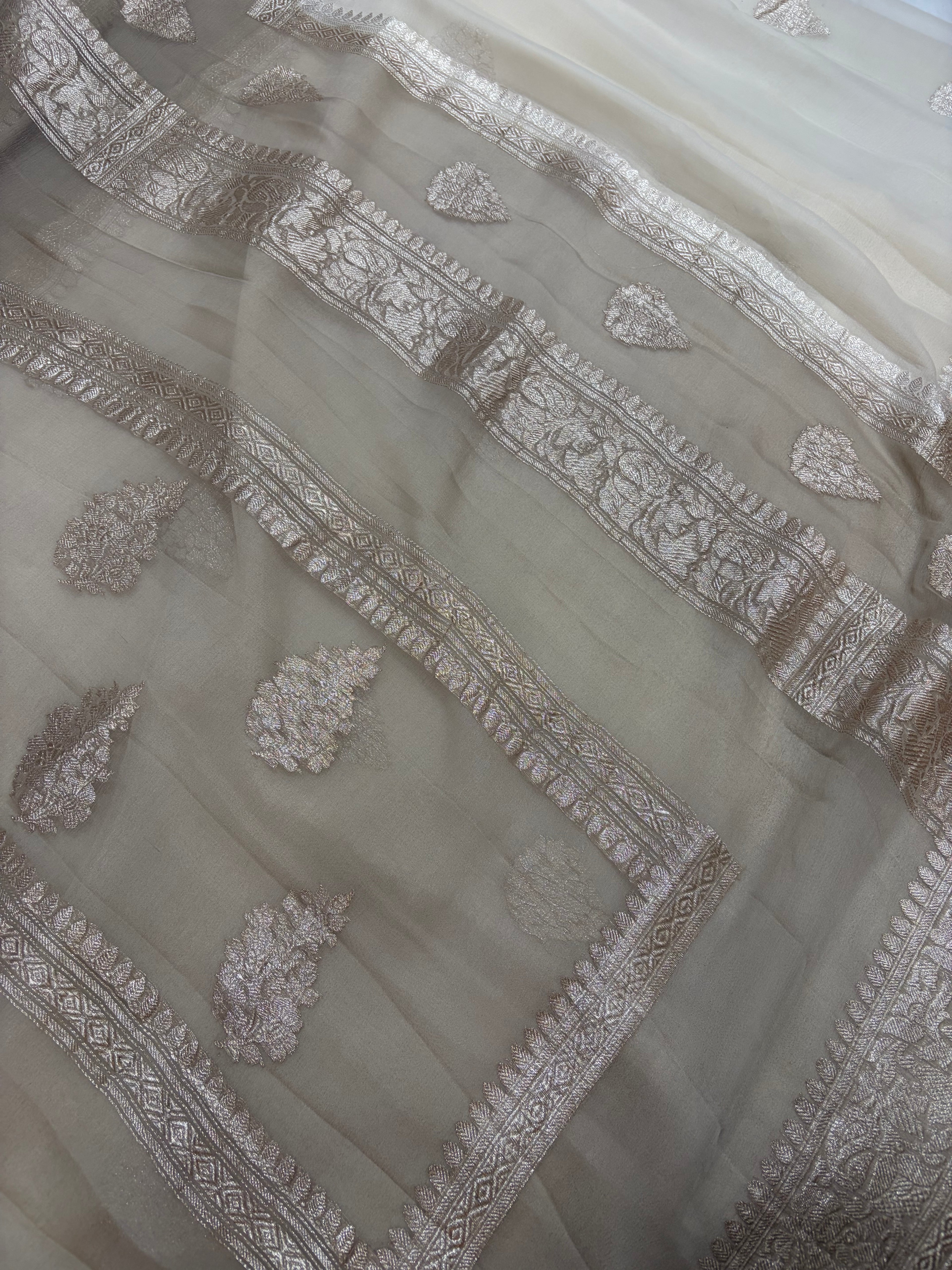 Pure khaddi chiffon double border saree in off white with grey colour
