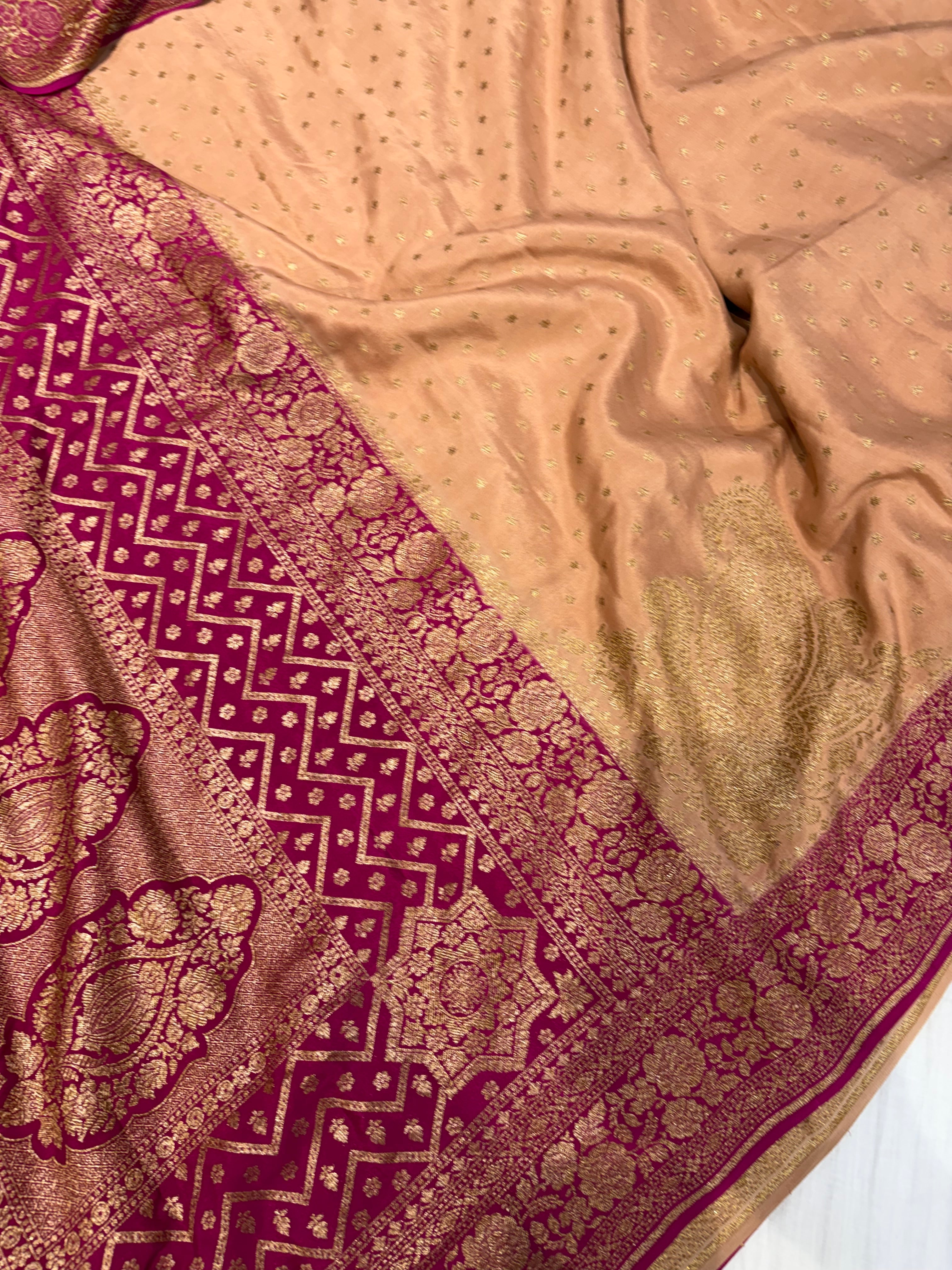 Pure khaddi crepe silk saree in Peach with rani pink colour