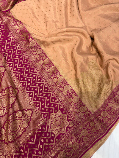 Pure khaddi crepe silk saree in Peach with rani pink colour