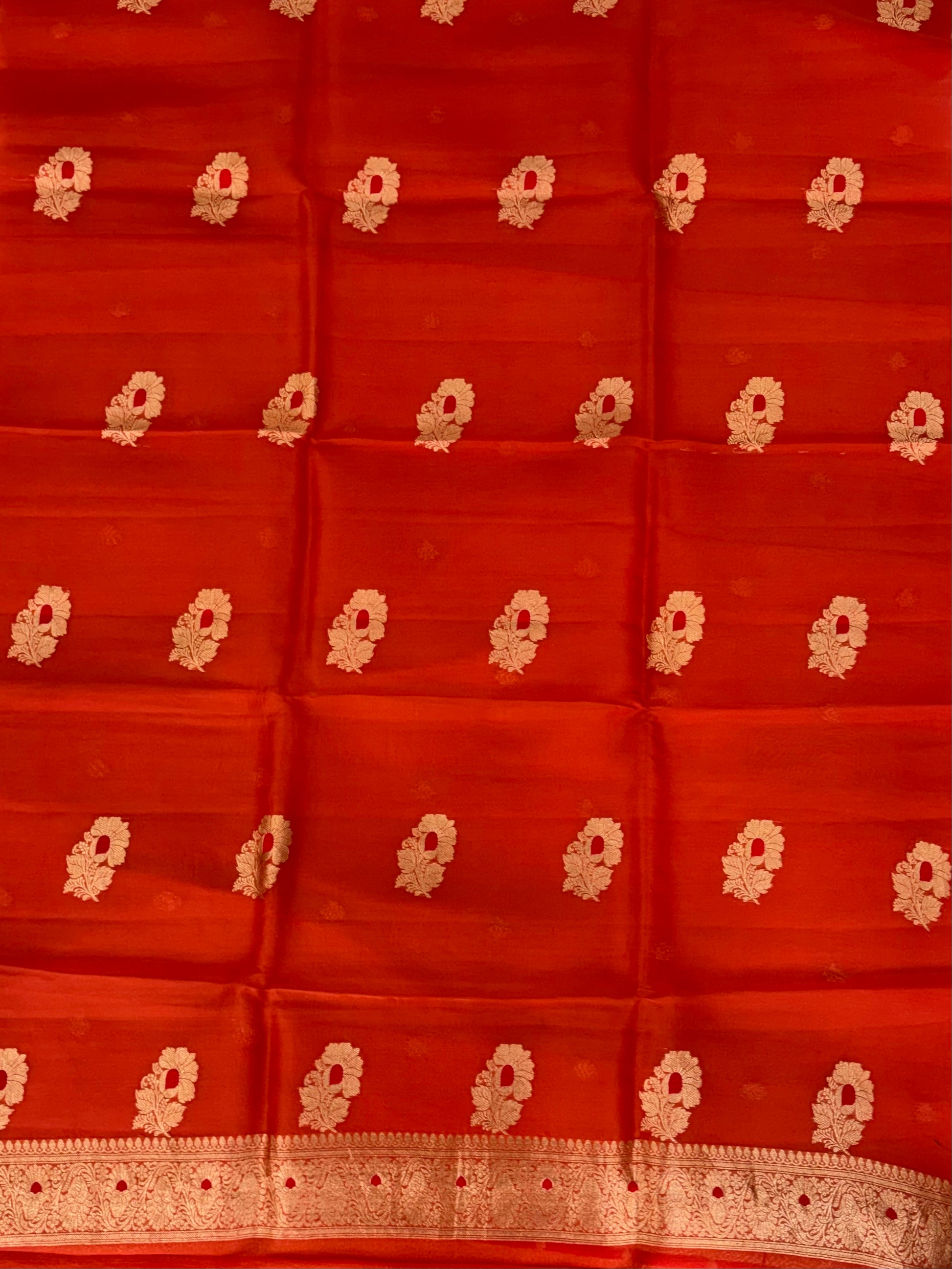 Pure Handloom Kora silk suit set in orange colour with meenakari work