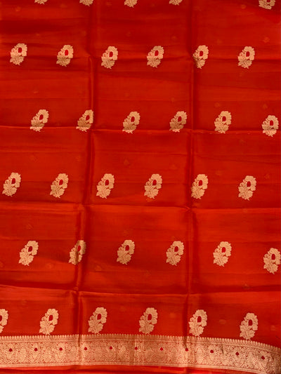 Pure Handloom Kora silk suit set in orange colour with meenakari work