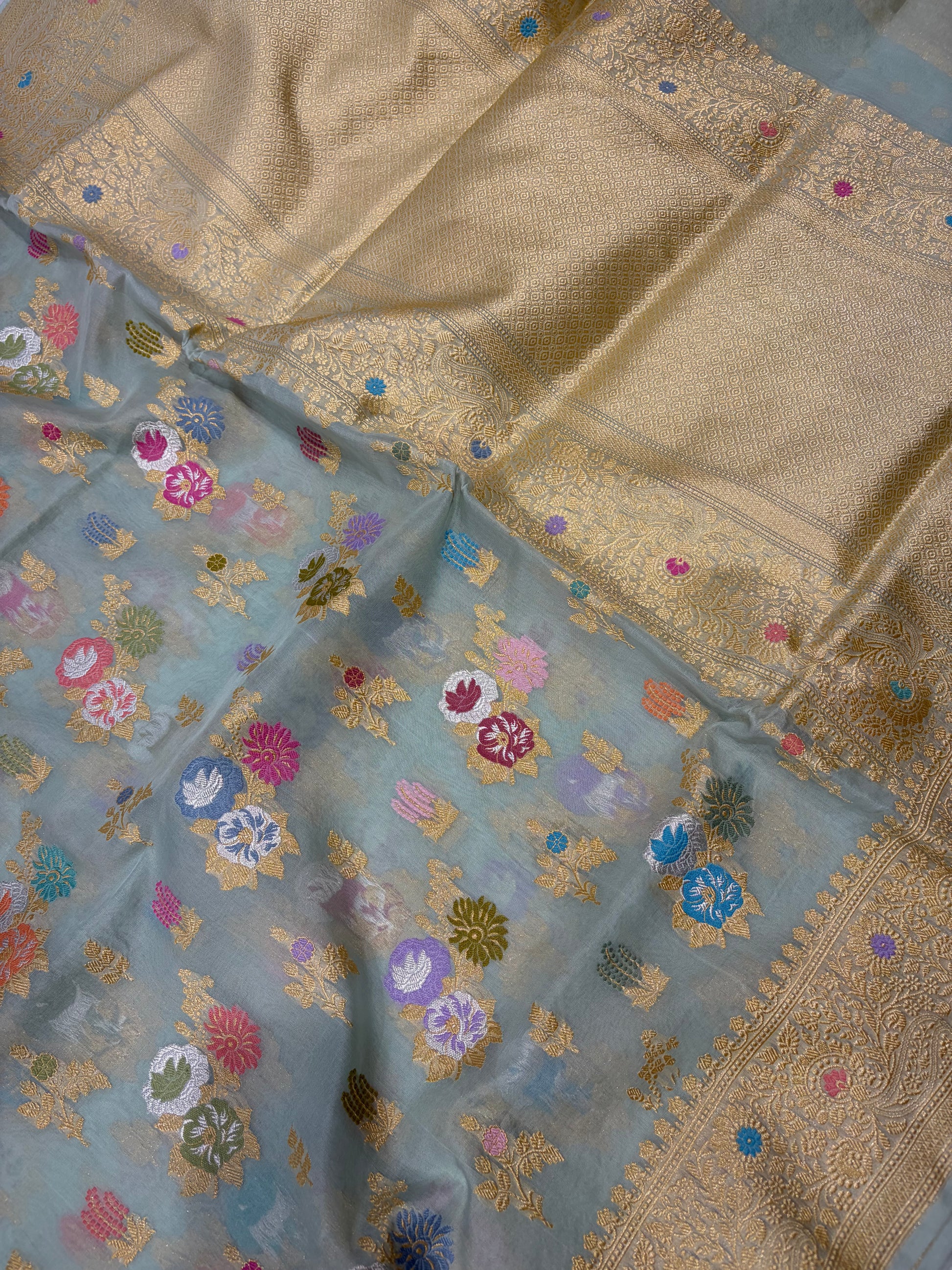 Premium pure Kora silk saree with all over meenawork in beautiful sea green shade