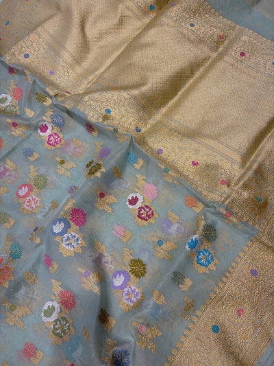 Premium pure Kora silk saree with all over meenawork in beautiful sea green shade