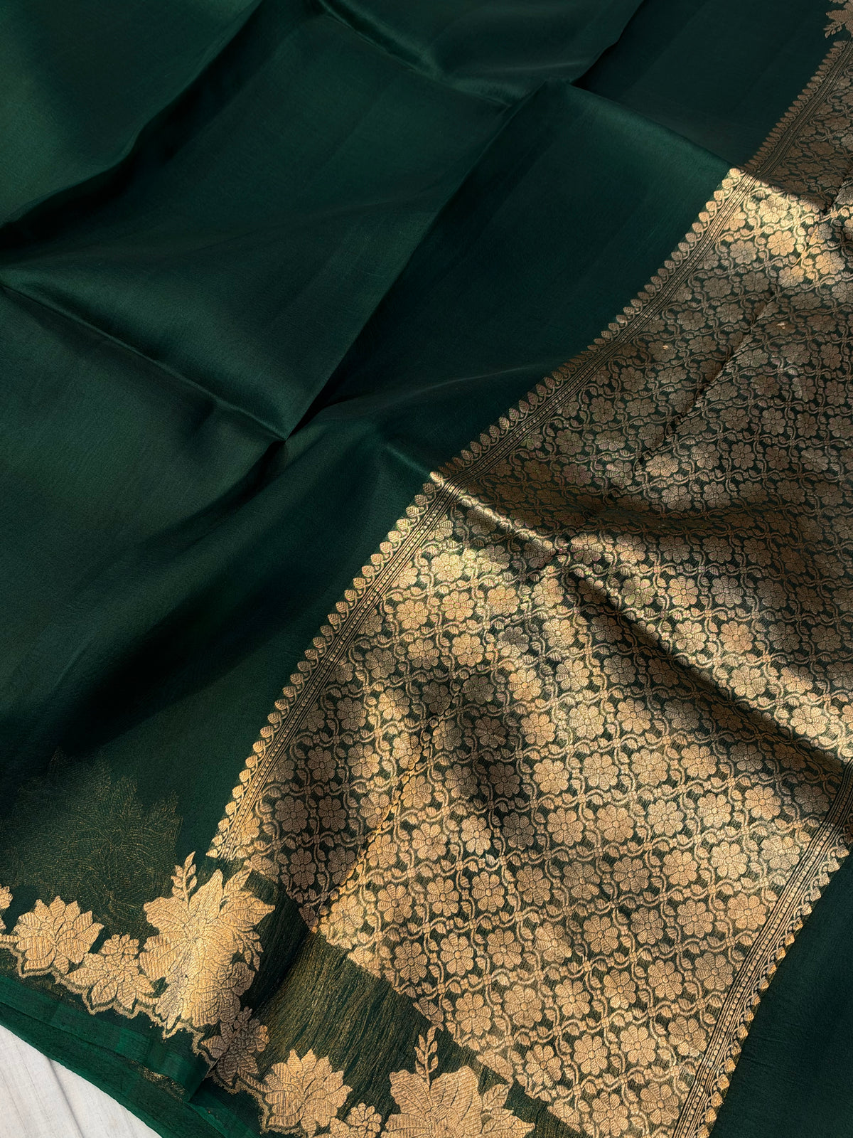Pure handloom kora silk saree bottle green colour