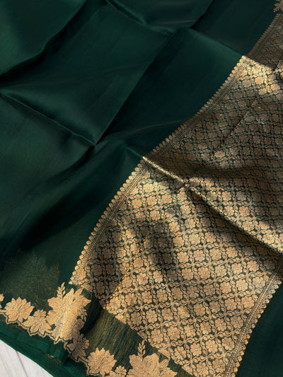 Pure handloom kora silk saree bottle green colour