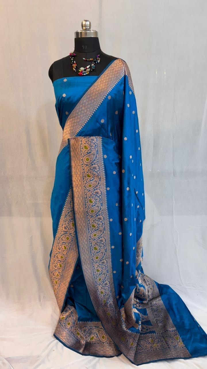 Pure meenakari katan silk saree in royal blue  colour