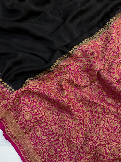 Pure khaddi crepe silk saree in black and Rani combination with pure antic zari work
