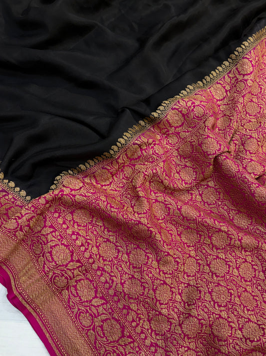 Pure khaddi crepe silk saree in black and Rani combination with pure antic zari work