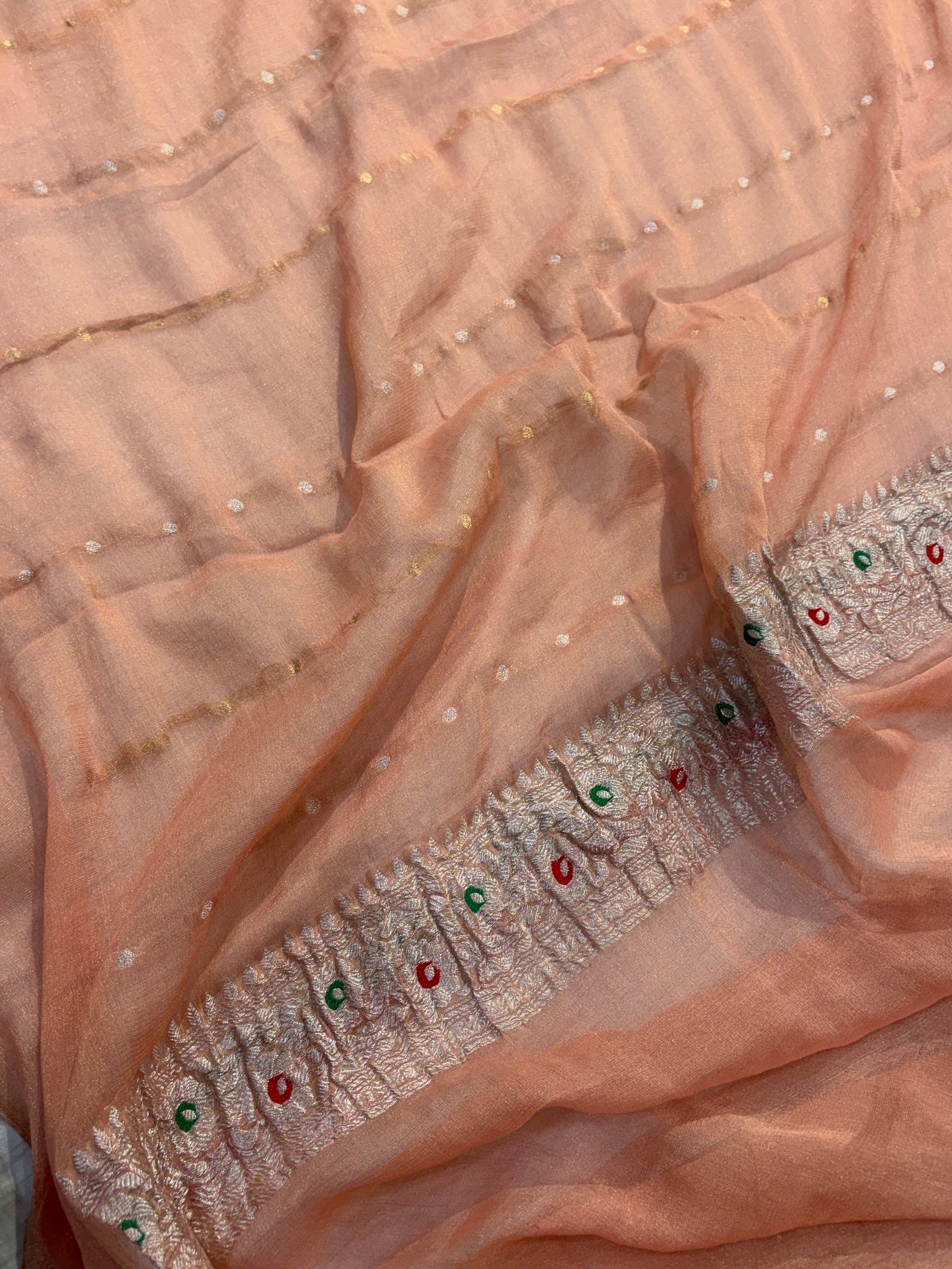 PURE KHADDI TISSUE SILK SAREE IN PEACH COLOUR