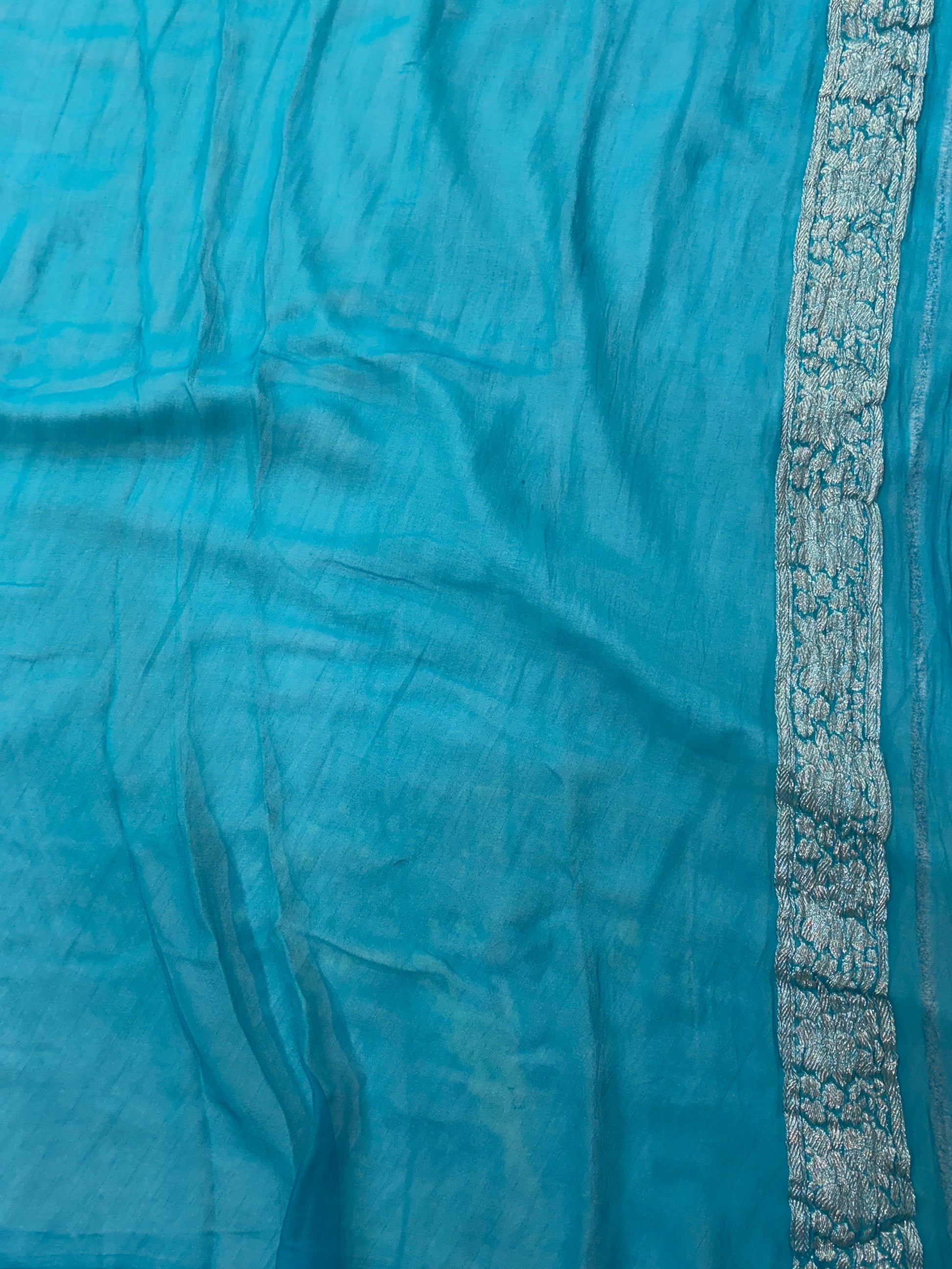 Pure khaddi chiffon saree in dark light sea green colour