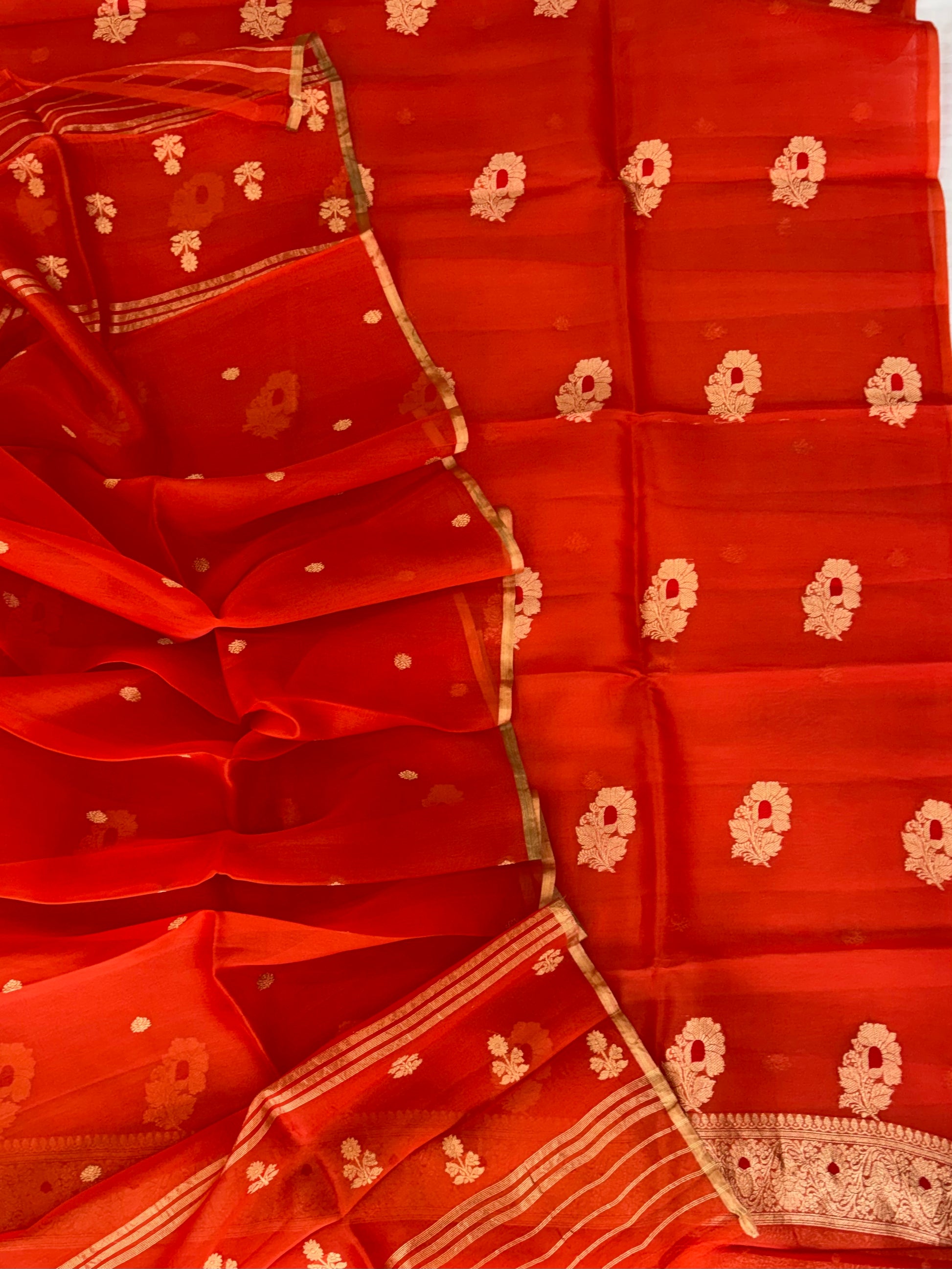 Pure Handloom Kora silk suit set in orange colour with meenakari work