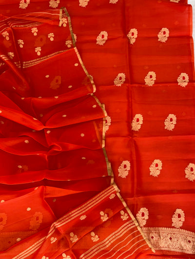 Pure Handloom Kora silk suit set in orange colour with meenakari work