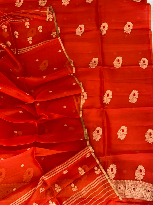 Pure Handloom Kora silk suit set in orange colour with meenakari work
