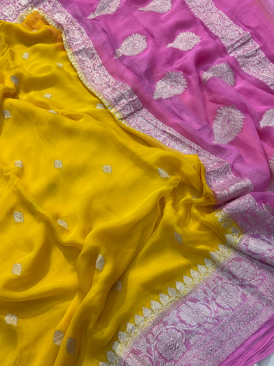 Pure khaddi chiffon saree in yellow with pink colour combination