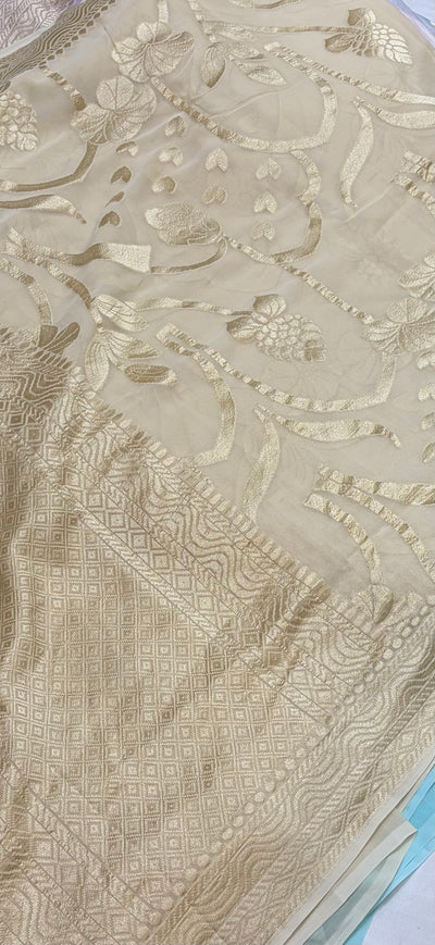 Pure georgette silk saree in pastel cream colour