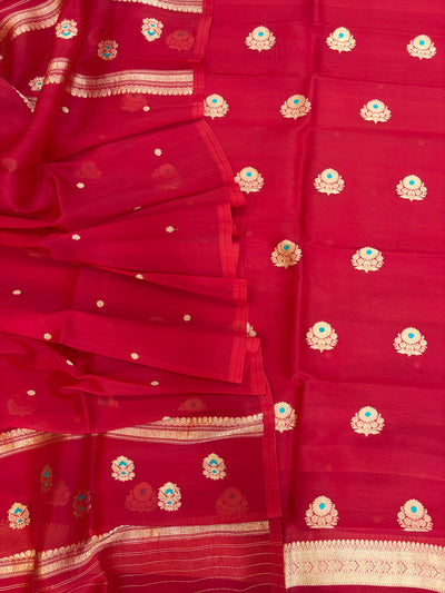 Pure Handloom Kora silk suit set in light Red colour with meenakari work